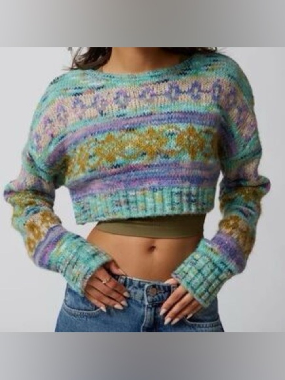 Urban Outfitters M Cropped Multicolor Knit Sweater - Pastel Aqua & Lavender